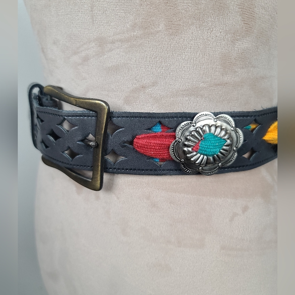 Vintage Charcoal Gray Western Leather Serape Silver-Tone Stamped Concho Belt M - Picture 10 of 16